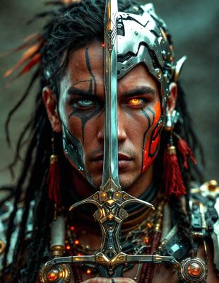 The primary subject of the image is a man with long hair, wearing a metal helmet and a sword. He appears to be a warrior or a character from a fantasy story. The setting is a dark room, which adds to the dramatic atmosphere of the scene. The visual style is a combination of digital art and illustration, creating a detailed and intricate image. The colors are predominantly dark, with the man's hair and the metal helmet being the main sources of light. The overall mood is inten